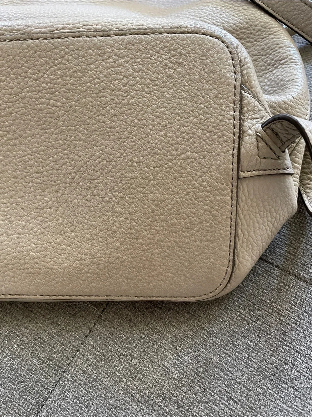 Tory Burch Pebbled Leather Tassel Backpack in Taupe Beige VG Cond